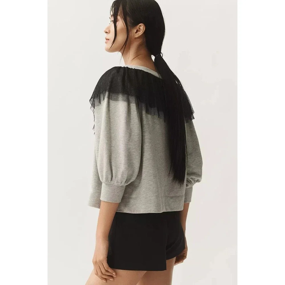 Anthropologie Maeve V-Neck Bow Sweater Pullover Top Tulle Mesh Ruffle XL 289709